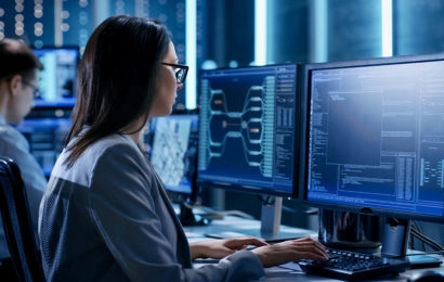 female computer science student working intently on a computer